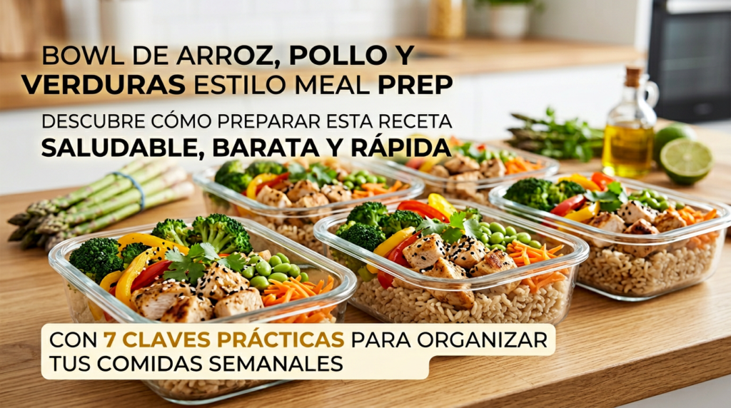 bowl de arroz, pollo y verduras