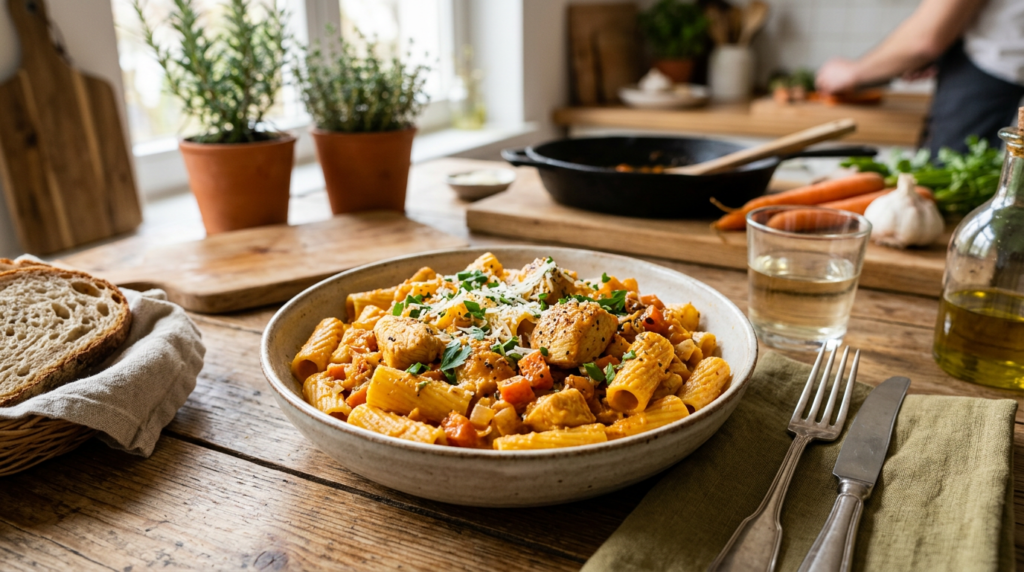 rigatoni con pollo en salsa de zanahoria