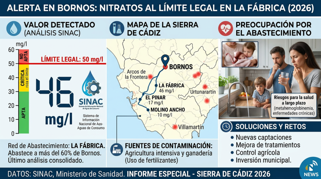 Nitratos agua La Fábrica Bornos 2026: ALERTA crítica con niveles al límite en 5 municipios Fábrica Bornos 2026