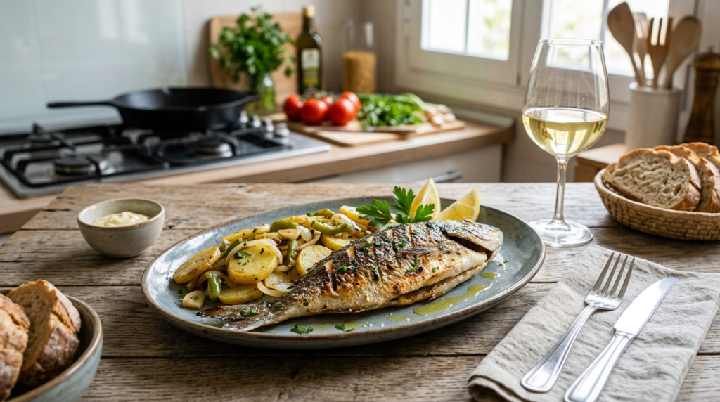 dorada a la plancha con patatas panaderas
