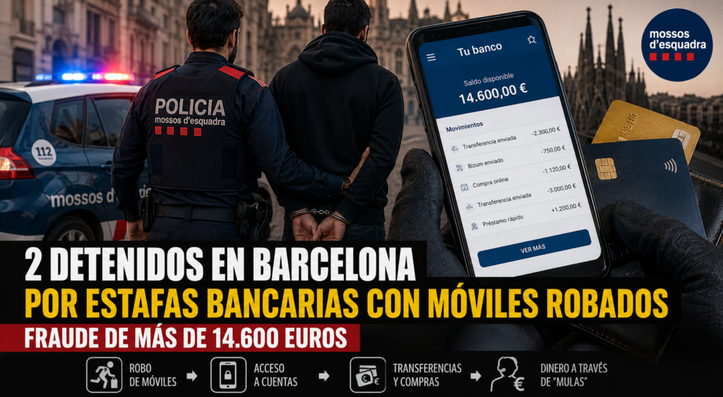 Estafas bancarias móviles robados en Barcelona: 2 detenidos en una operación impactante con fraude de más de 14.600€ estafas bancarias