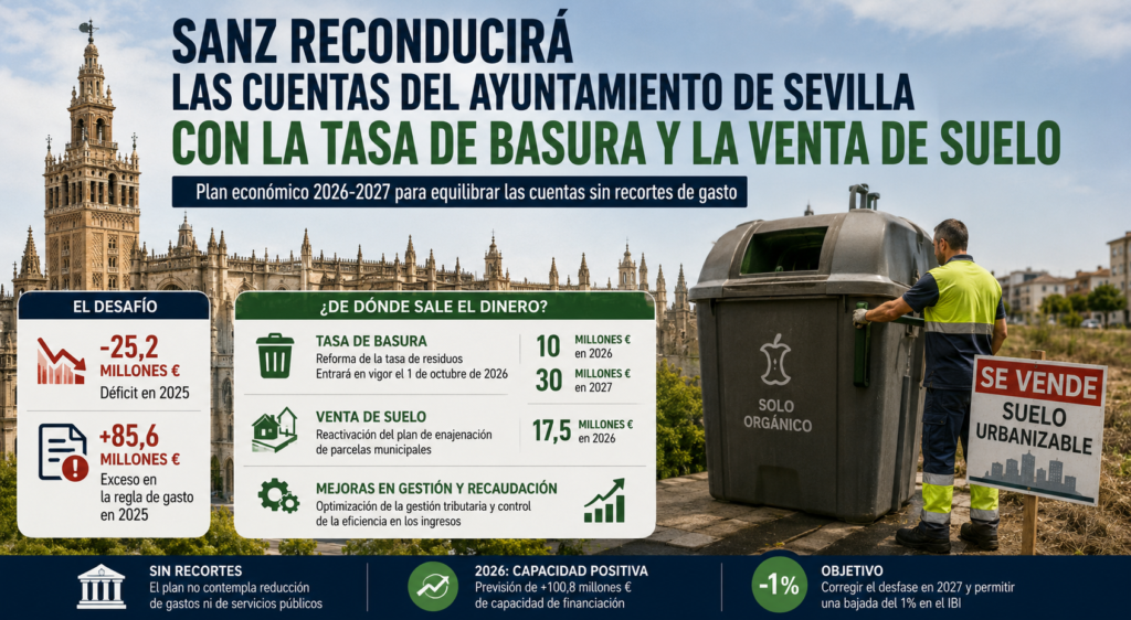 Sanz reconducirá las cuentas del Ayuntamiento de Sevilla con la tasa de basura y la venta de suelo: plan “clave” en 5 medidas esenciales para 2026 Sanz reconducirá las cuentas del Ayuntamiento