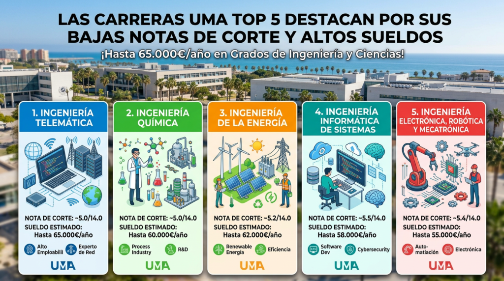 Carreras UMA Top 5: 4 grados con notas bajas y sueldos de hasta 65.000€ en 2026 Carreras UMA Top 5