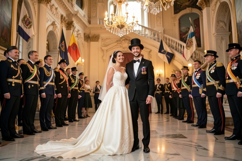Boda de Isabel de Habsburgo-Lorena y Carlos de Palacio con reyes de Bélgica invitados