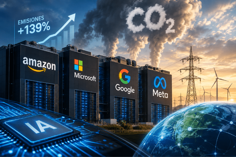 Amazon, Microsoft, Google y Meta elevan sus emisiones hasta un 139% mientras aceleran la carrera por la IA Amazon, Microsoft, Google y Meta elevan sus emisiones